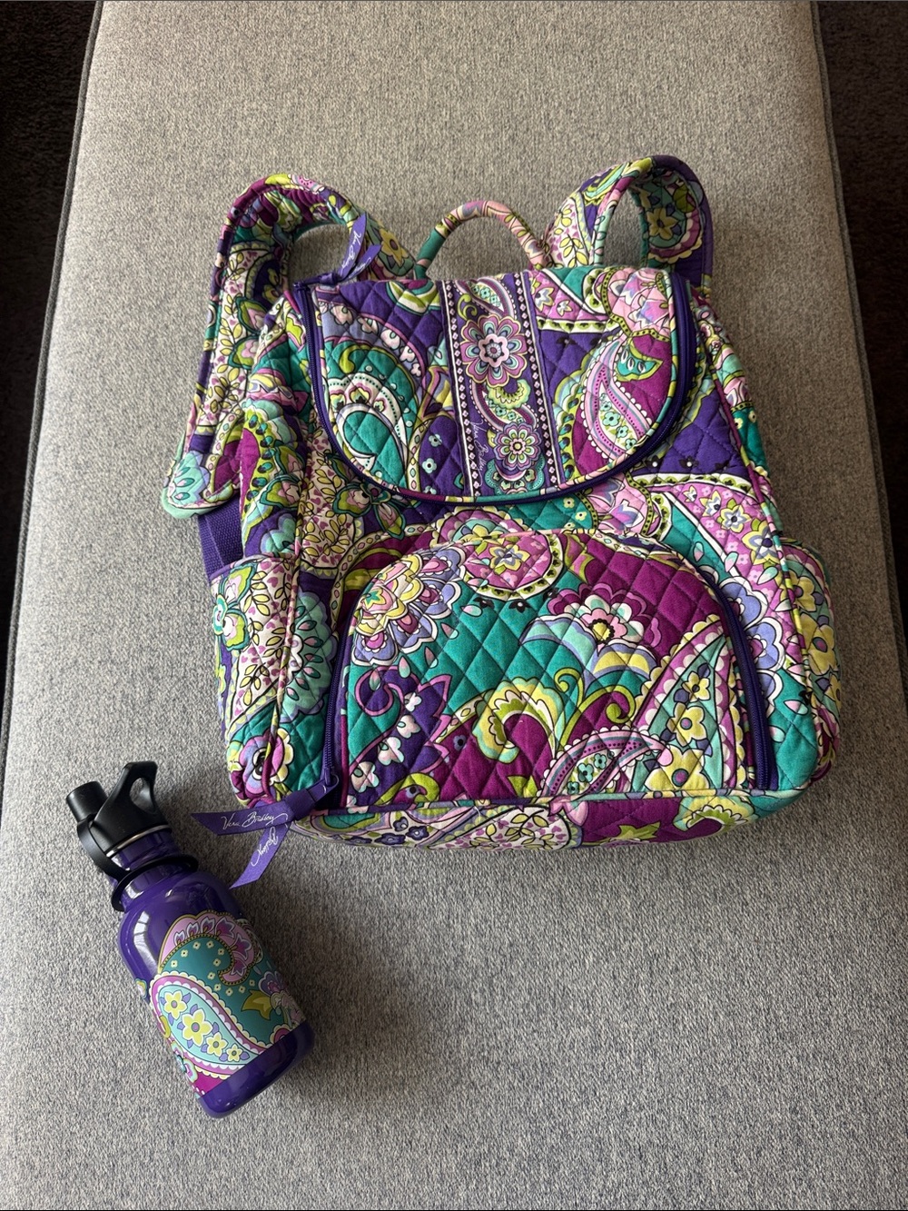 Vera Bradley Heather Purple Paisley Quilted Backpack with Matching Water Bottle